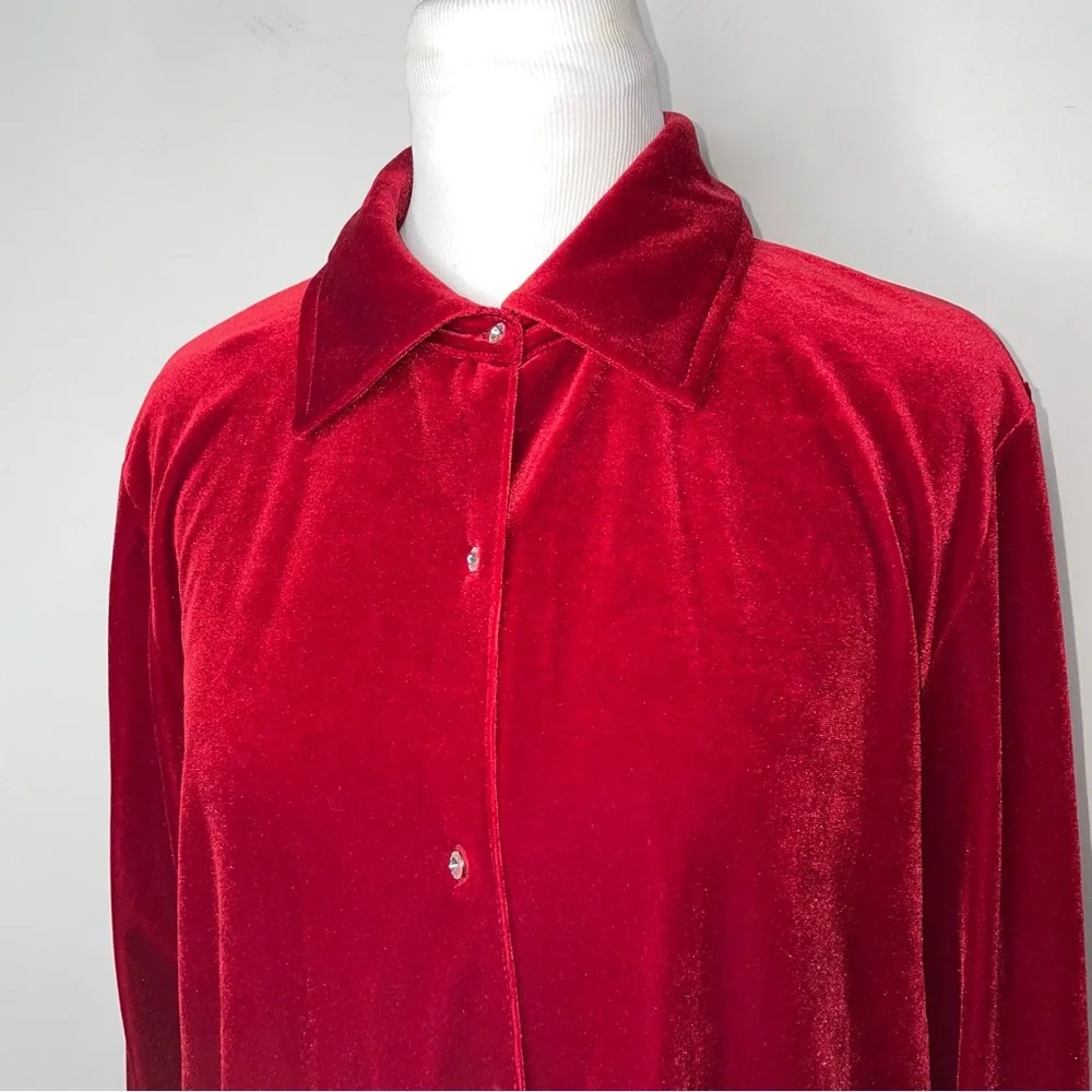Jones New York Red Velvet Jeweled Rhinestones Buttons Shirt XL Holiday - Picture 2 of 15